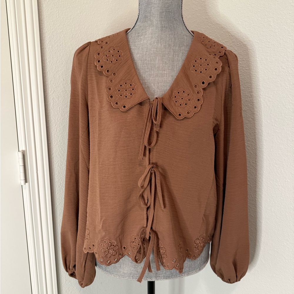 Adrianna Papell Brown Eyelet Blouse | S